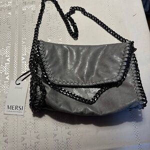 Mersi Alicia Vegan  Leather Silver Metallic Cross Body Brand New Gun Metal Strap